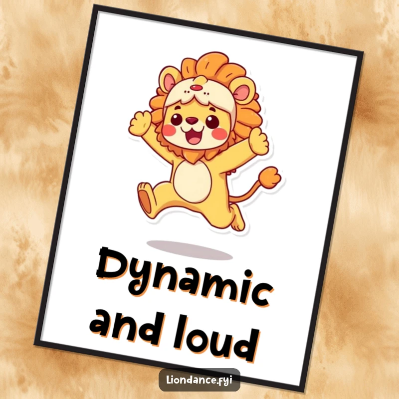 Funny Poster print of a character in a vibrant lion costume performing an energetic leap, full of motion, a great funny gift.