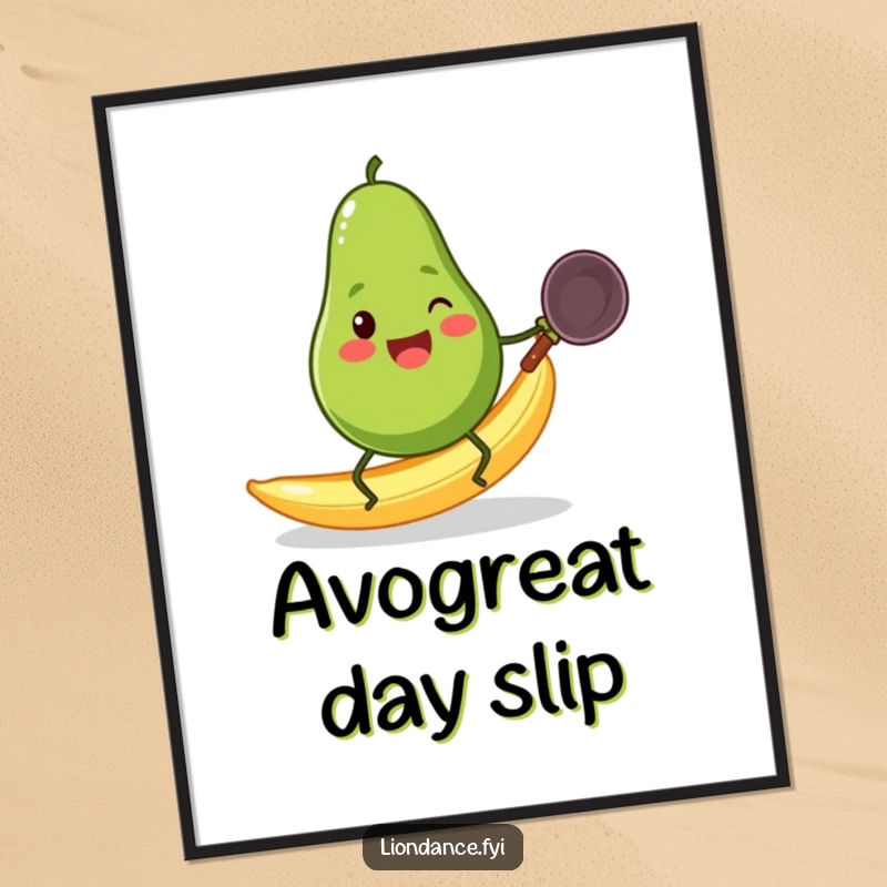 A cheerful avocado with tiny legs is slipping on a banana peel while holding a wok, printed as wall art.
