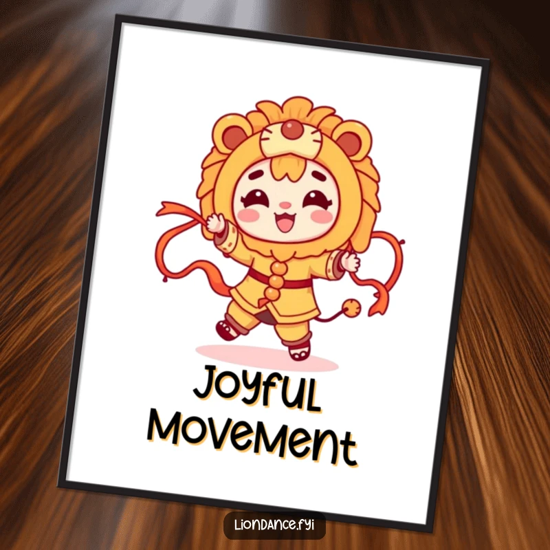Funny character dancing with flowing ribbons and a lion costume, presented as a festive poster for joyful decor.