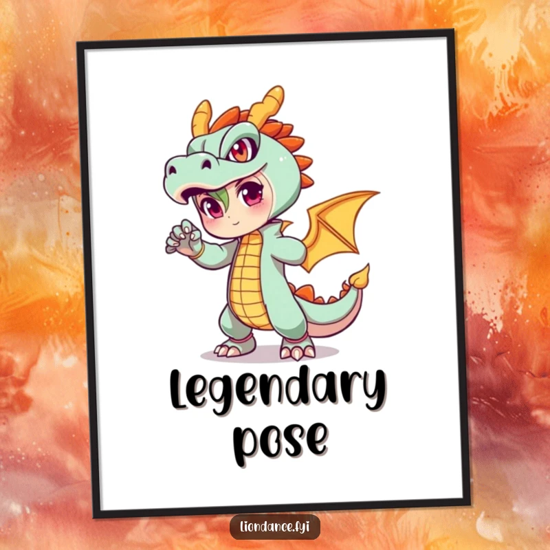 Funny poster of a character in a fiery dragon outfit striking a powerful pose, adding dramatic humor to any space.