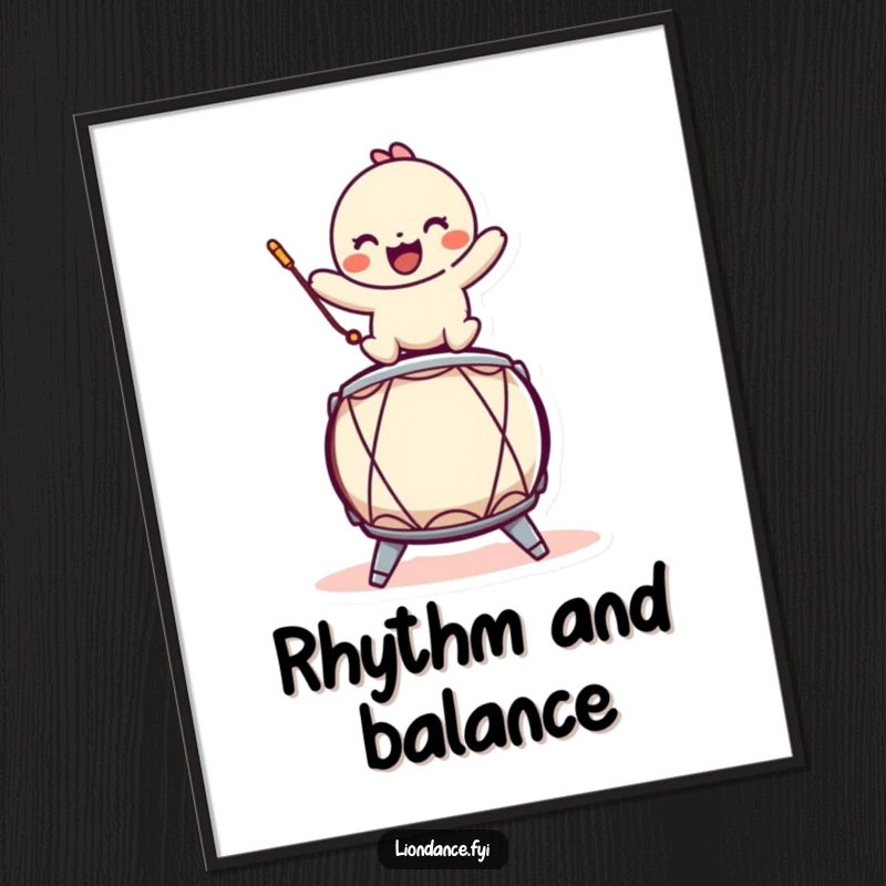 Funny poster featuring a playful character balancing on a stylized drum, ideal for musical wall art and playful decor.