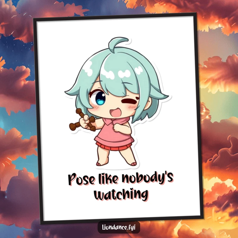 Funny poster art of a character striking a funny, exaggerated pose with a prop, capturing a theatrical and humorous moment.