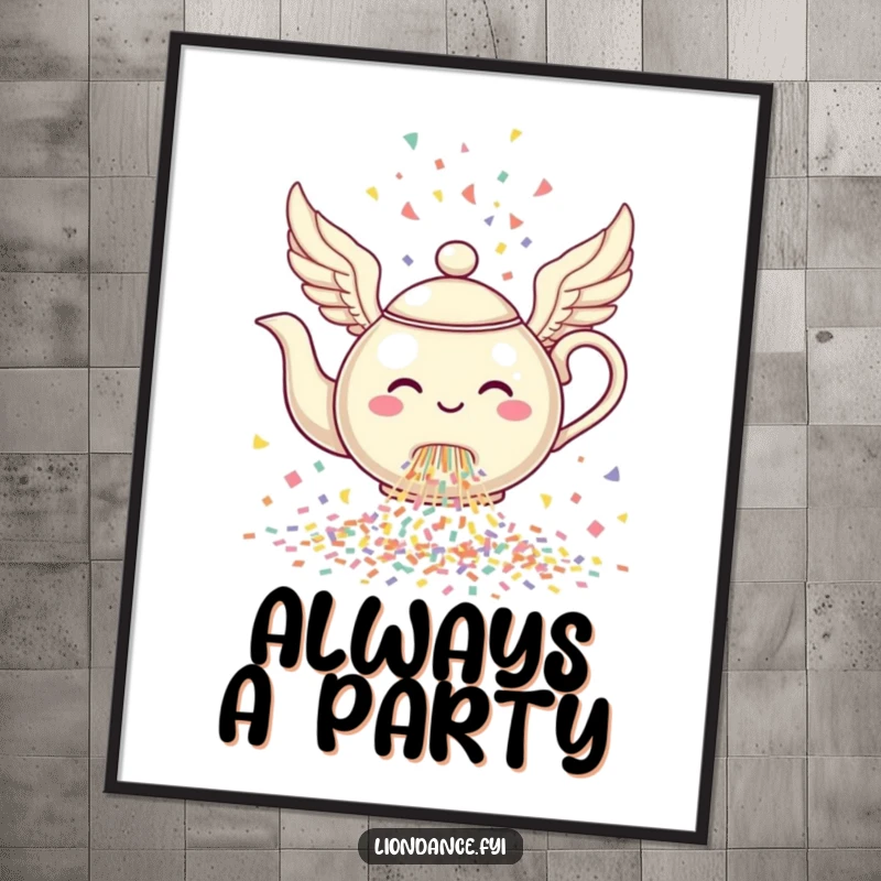 Funny Flying Teapot Poster showing a cheerful, winged teapot pouring a vibrant cascade of confetti instead of tea.