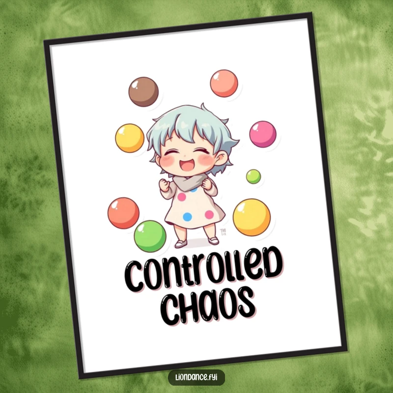 Funny poster of a character laughing while juggling colorful balls, adding vibrant cheer and humor to wall decor.