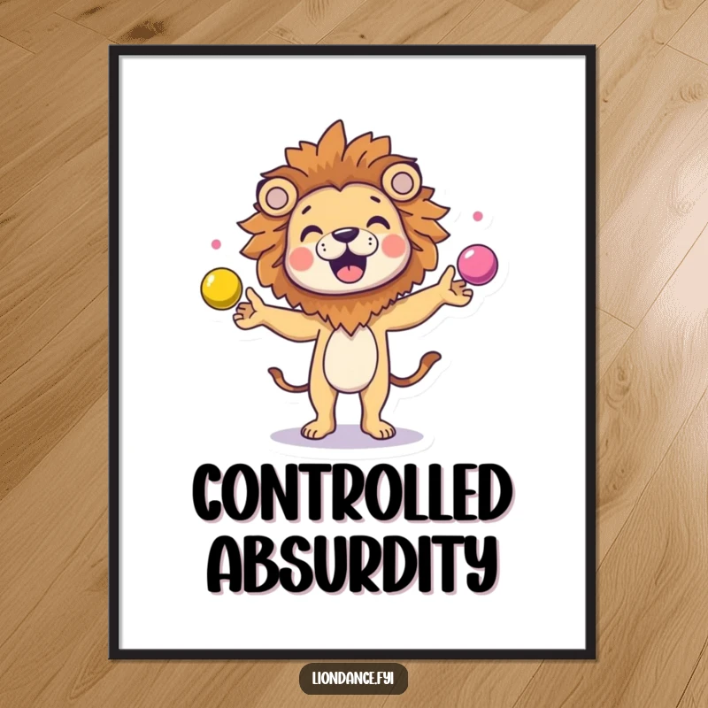 Funny character in a lion head costume juggling colorful balls, presented as a whimsical poster for playful decor.