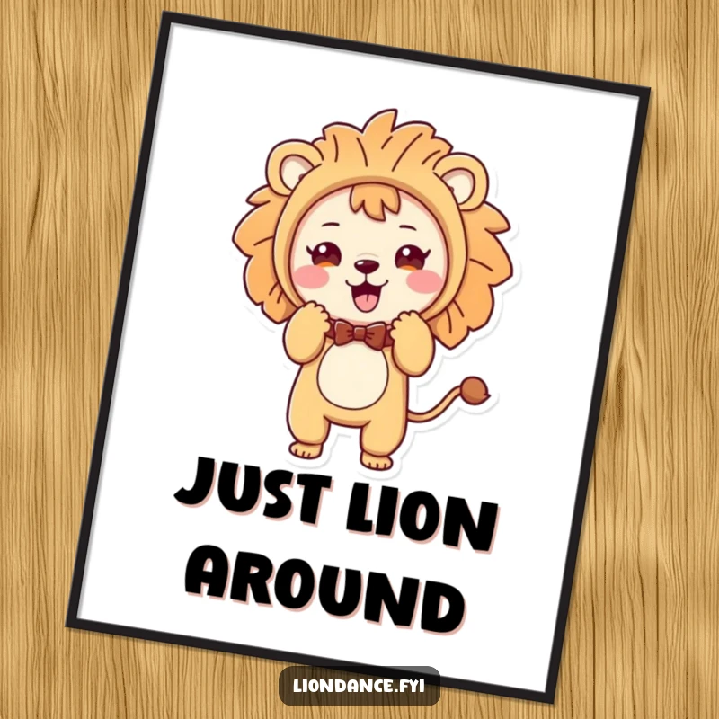 Funny poster showcasing a cute character inside a lion costume, performing an endearing and playful bow.