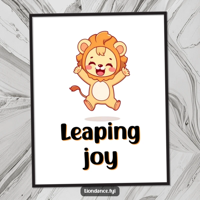 Funny poster of a cute character in a lion costume playfully leaping with overwhelming joy, perfect for wall decor.