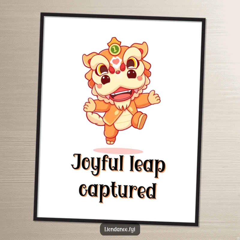 Funny poster depicting a cheerful lion dance character in a celebratory leap, bringing lively energy and joy to decor.