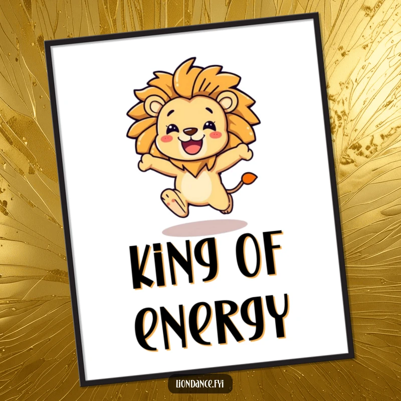 Funny character captured mid-leap, featuring a flowing, stylized lion mane, presented as an inspiring poster.