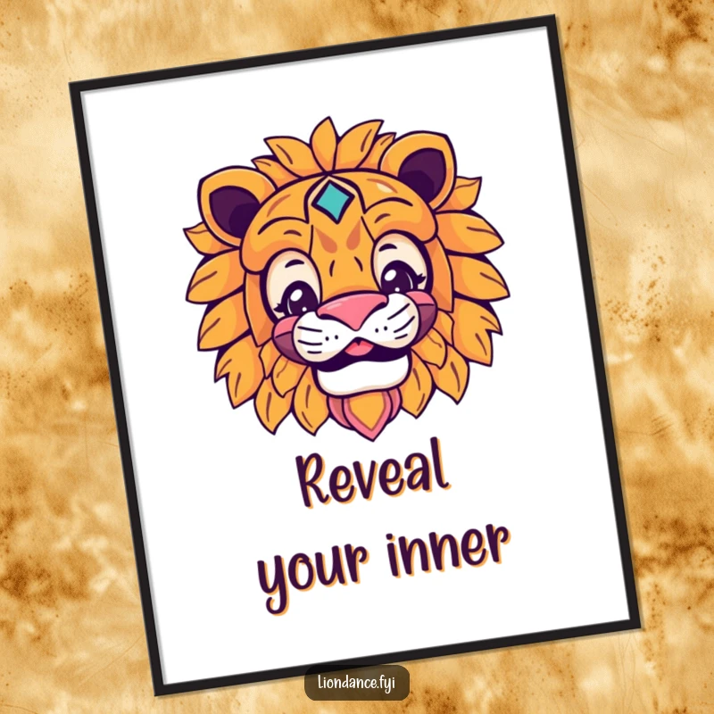 Funny lion mask poster with a smiling character peeking from behind a vibrant lion mask, intriguing wall art.