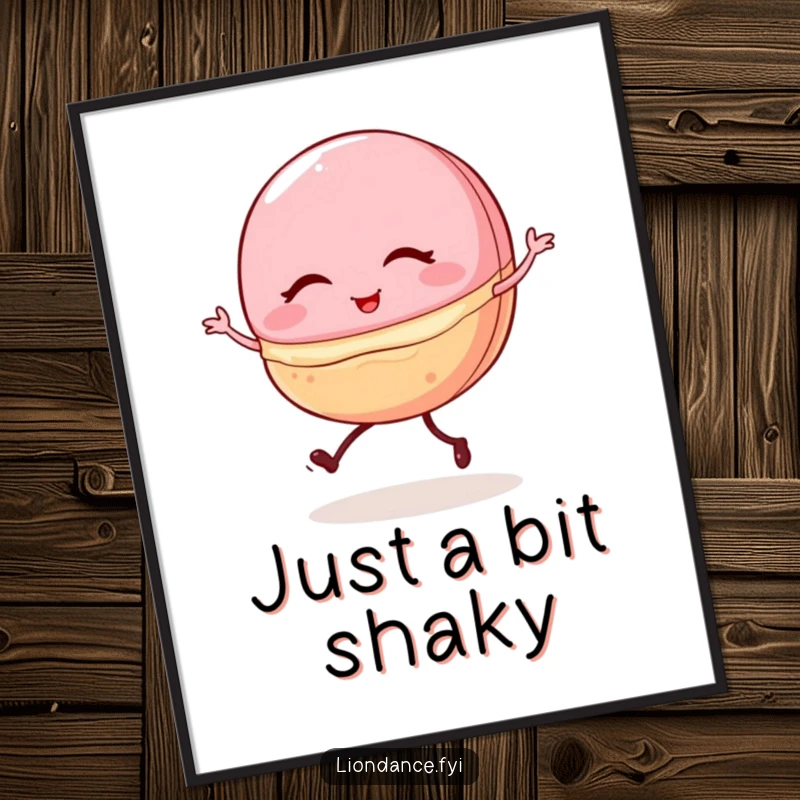 Funny poster of a winking macaron with tiny legs, comically performing a shaky ballet pirouette, a sweet and humorous art print.