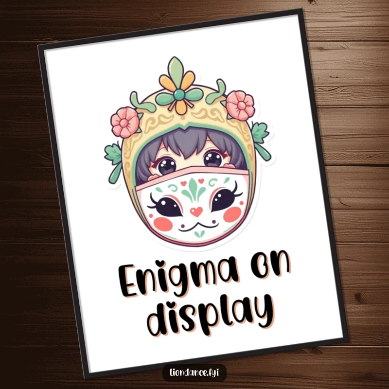 Funny poster featuring a curious character peeking from a decorated mask, adding intriguing and humorous wall art.