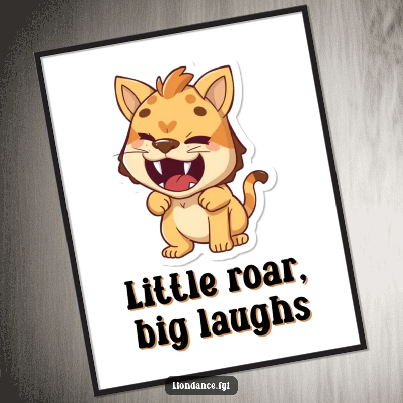 Funny poster art of a small character with a cheeky wink, pretending to roar with all its might, full of humor.