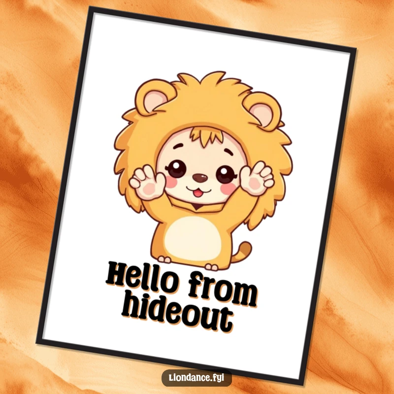 Funny poster art shows a character peeking from a lion costume, waving hello with immense enthusiasm and joy.