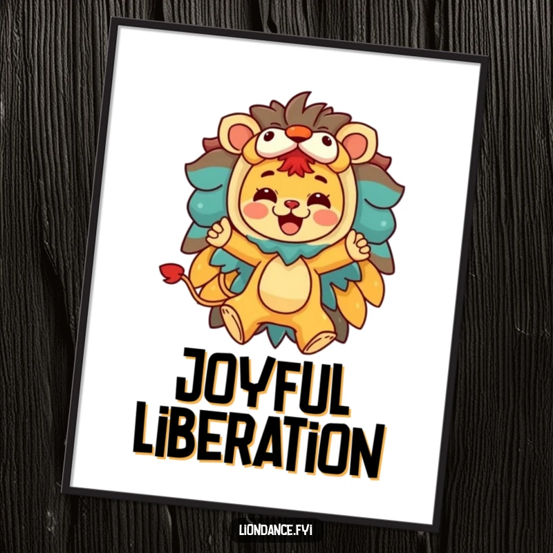 Funny poster featuring a character joyfully leaping from a colorful lion costume, bringing energetic and humorous decor.