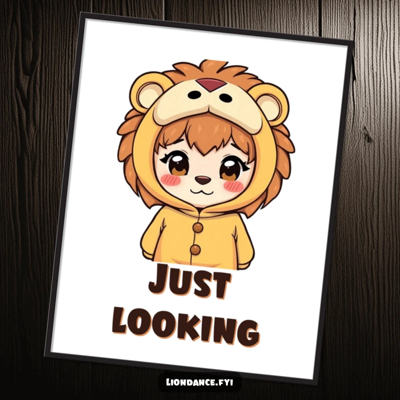 Funny poster depicting a curious character peeking through the eyeholes of a lion costume, creating a sense of playful mystery and wonder.
