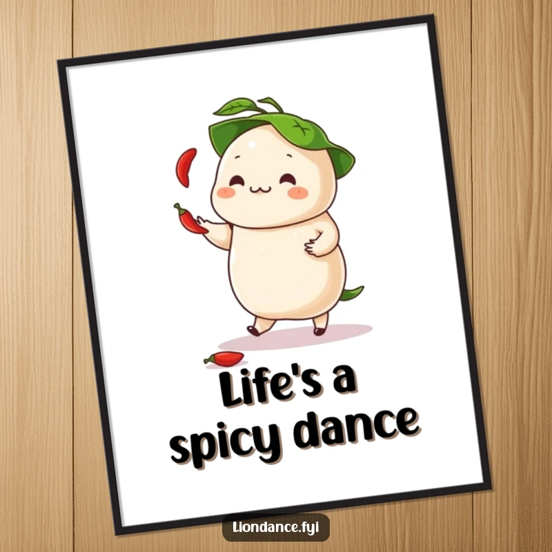 Funny poster illustrating a dancing dumpling juggling tiny chili peppers under its leafy hat, full of spicy energy.