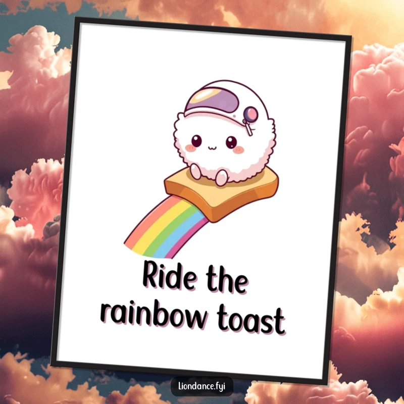 Funny poster illustrating a fluffy creature in a helmet sliding down a rainbow on toast, pure whimsical delight.