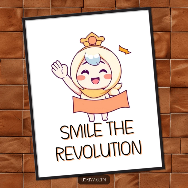 Funny poster of a character smiling while waving a banner, adding vibrant cheer and humor to wall decor.