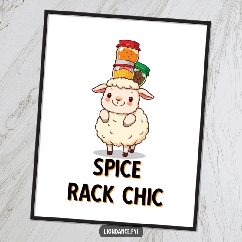 Funny fluffy sheep with a tower of colorful spice jars balanced on its head, presented as vibrant wall art.