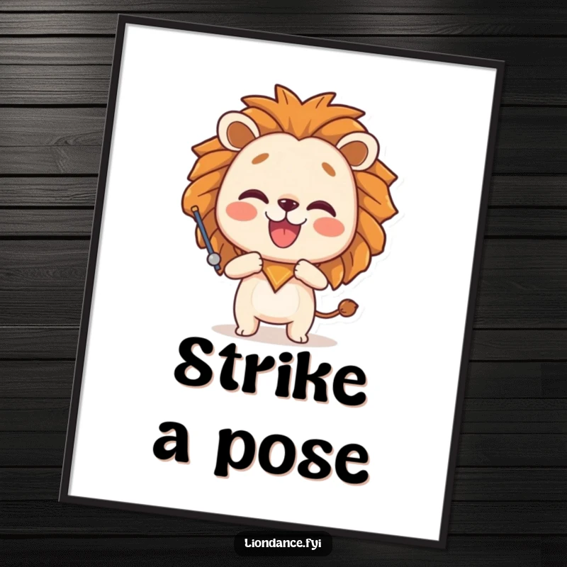 Funny poster of a joyful character striking a playful pose with a large lion head prop, exuding confidence and a humorous, bold spirit.