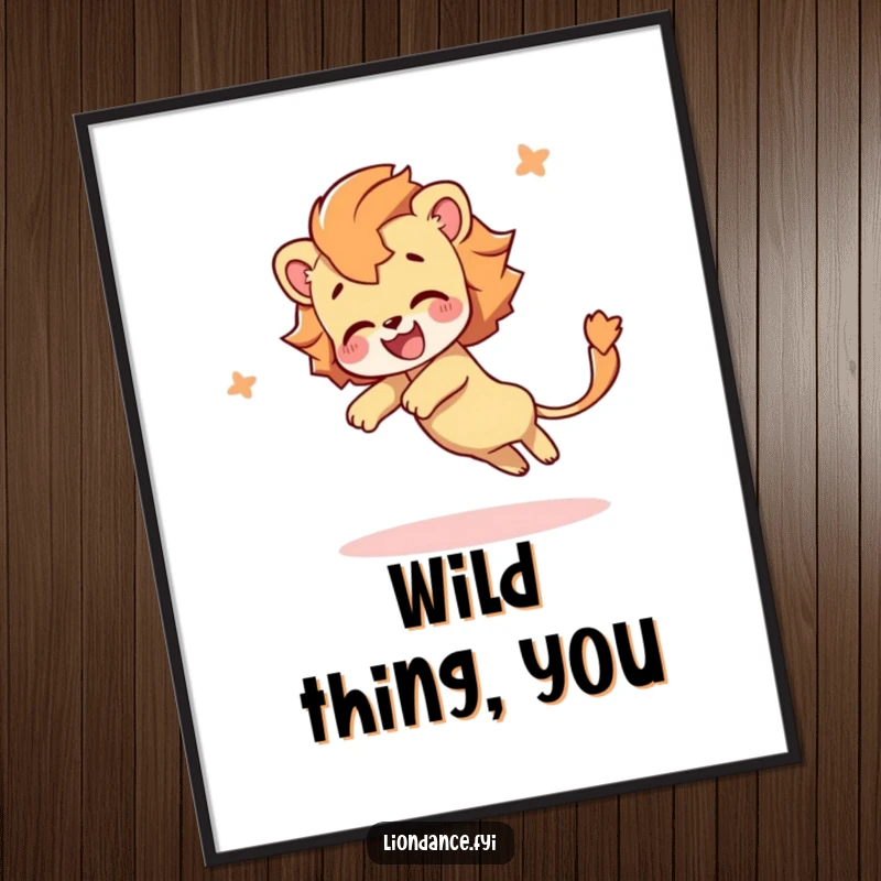 Funny poster depicting a delighted character joyfully tumbling, their long lion's tail flowing majestically, creating a vibrant and humorous piece of art.