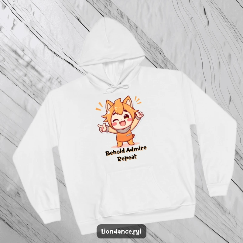 Funny hoodie with a delighted character striking a bold, celebratory pose, perfect for cozying up with lots of humor and warmth.