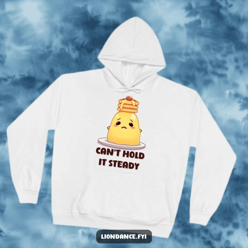 Funny Jelly Hoodie with a bewildered blob of jelly attempting to balance a stack of pancakes on its head, looking dazed.