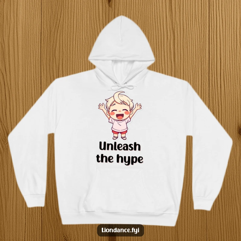 Funny hoodie displaying a delighted child character in mid-cheer, offering cozy warmth and a contagious sense of enthusiastic happiness, a delightful sight.