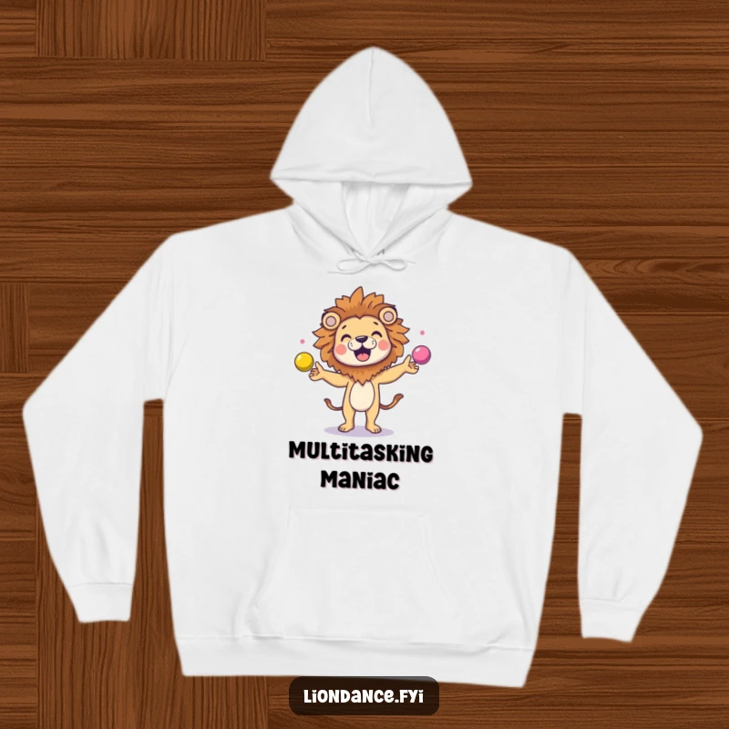 Funny character wearing a lion head costume, juggling colorful balls, on a cozy hoodie, representing playful comfort.