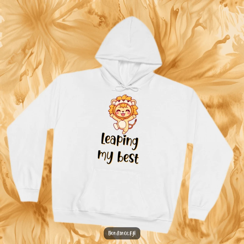 Funny Hoodie: A character mid-leap wearing a lion costume, radiating power and playful energy. Ideal for cozying up or making a statement.