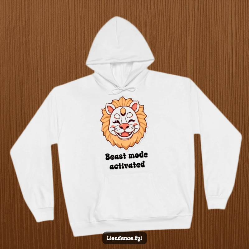 Funny and cozy hoodie featuring a delightful lion mask character winking with a big smile, perfect for comfort and playful vibes.