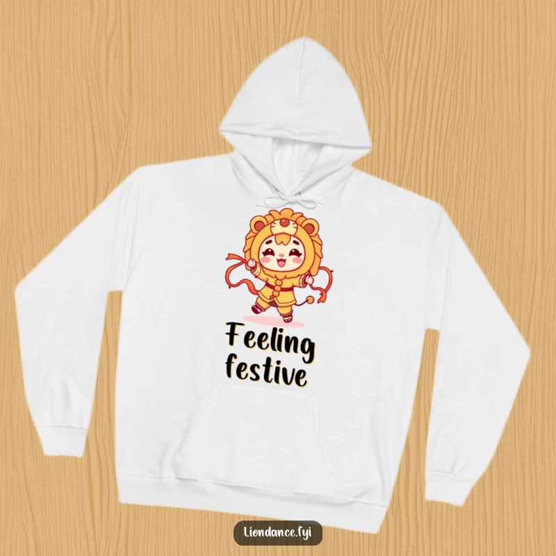 Funny character dancing with flowing ribbons and a lion costume on a cozy hoodie, representing festive warmth.