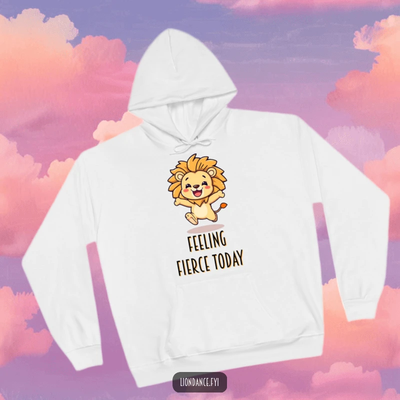 Funny character leaping with a proud, stylized lion mane on a cozy hoodie, representing boldness and warmth.