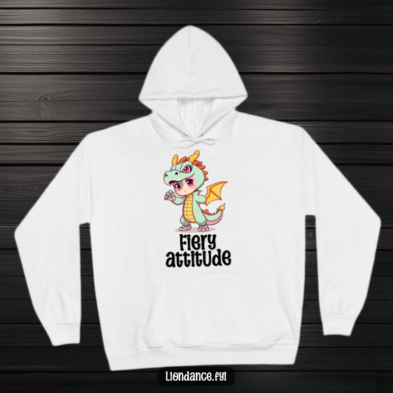 Funny hoodie showcasing a character in a fiery dragon outfit striking a dramatic pose, offering warmth and humorous flair.