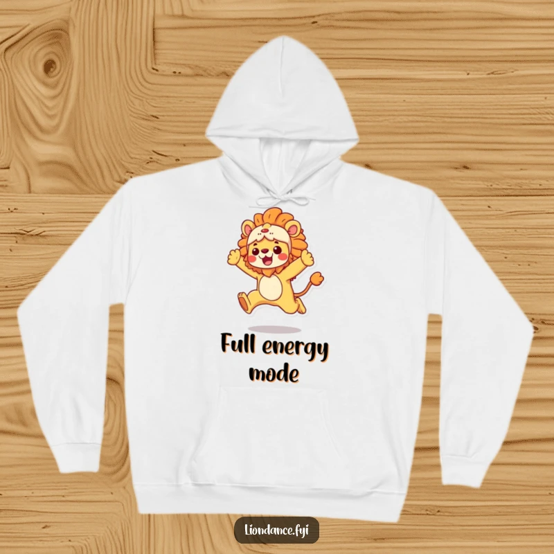 Funny Hoodie depicting a character in a vibrant lion costume executing an energetic leap, cozy and fun, a perfect funny gift.