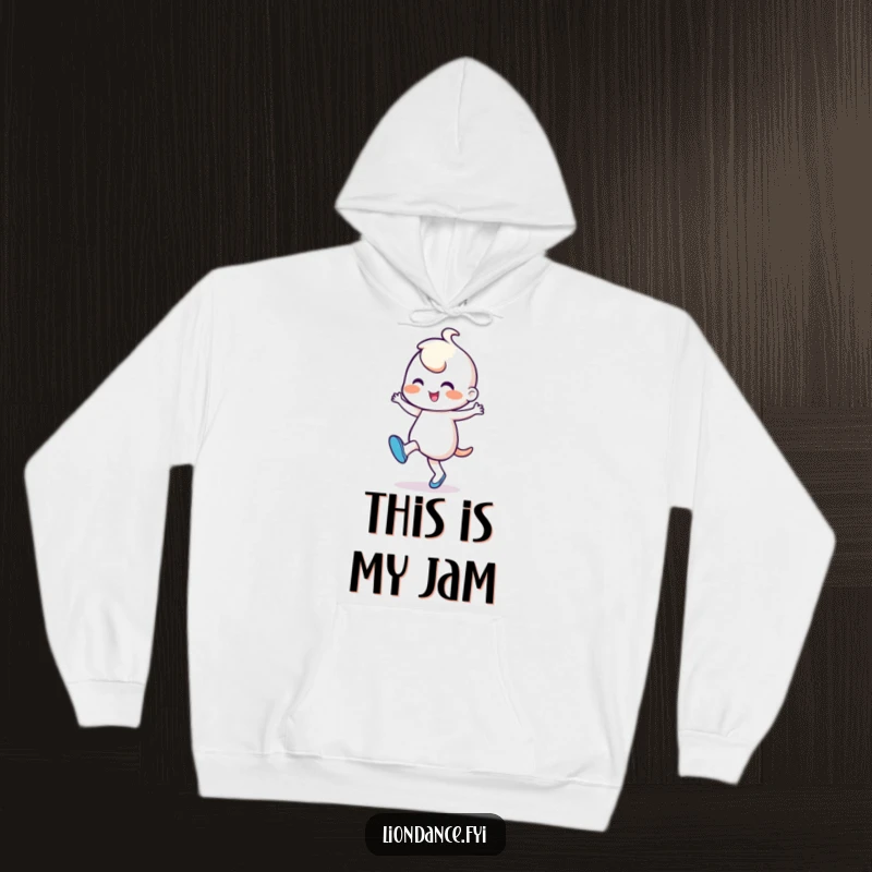 Funny Hoodie: Cheerful character performing a lively, rhythmic foot-tapping dance, radiating pure happiness and energetic vibes in a cozy style.