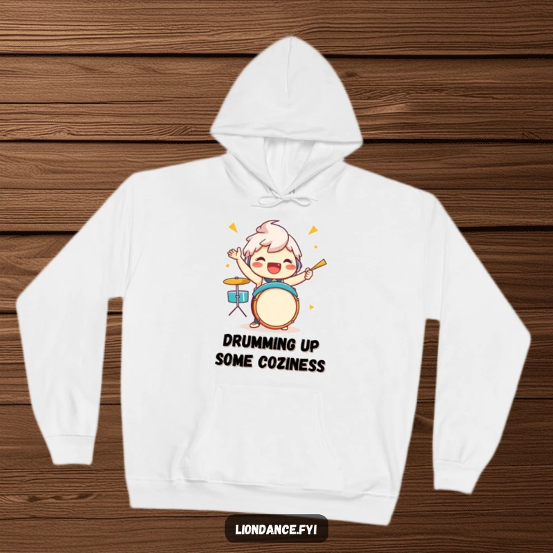 Funny drummer character hoodie showing a jubilant figure enthusiastically playing drums, radiating pure energy and rhythmic joy.