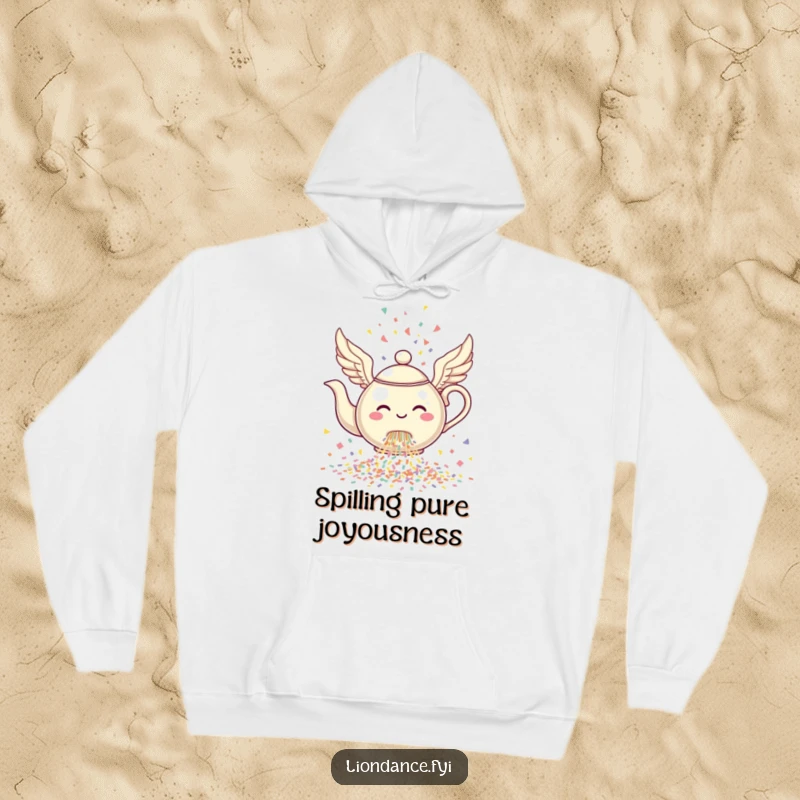 Funny Flying Teapot Hoodie depicting a cheerful, winged teapot showering a delightful cascade of confetti.