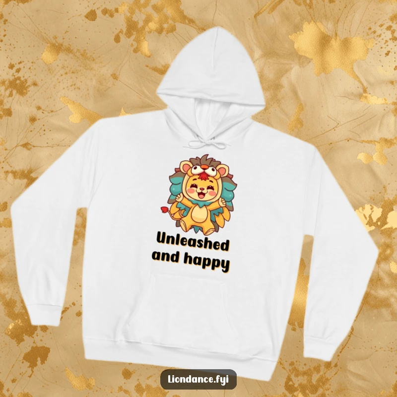 Funny hoodie with a character joyfully leaping from a colorful lion costume, perfect for warm, expressive, and humorous wear.