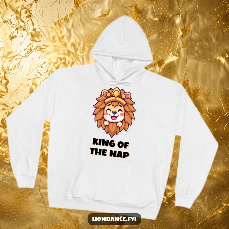 Funny lion headdress hoodie displaying a happy character peeking out from a lion's mane, offering a playful and infectious grin.