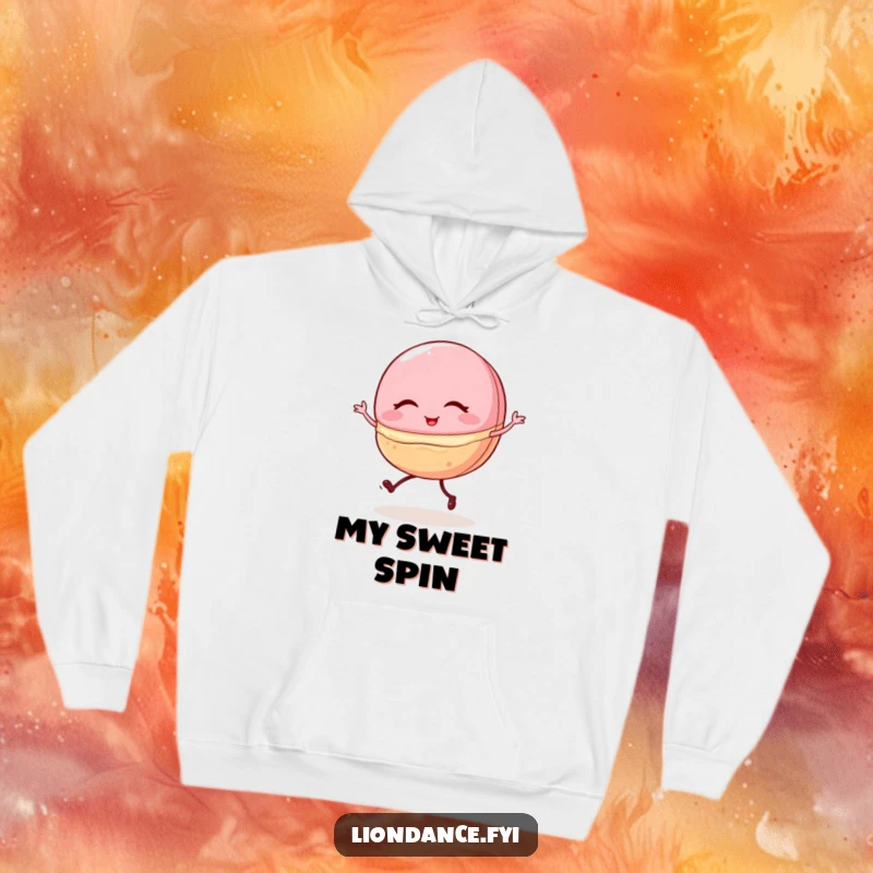Funny hoodie design with a winking macaron character doing a shaky ballet pirouette, offering warmth and sweet humor.
