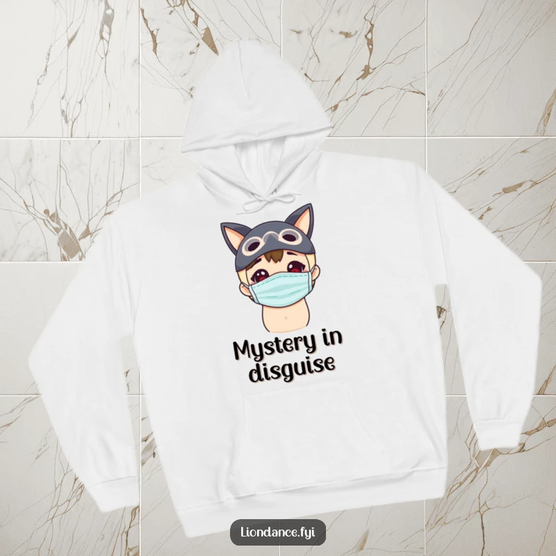 Funny mysterious mask hoodie depicting a delighted character peeking with curiosity, perfect for cozy exploration.