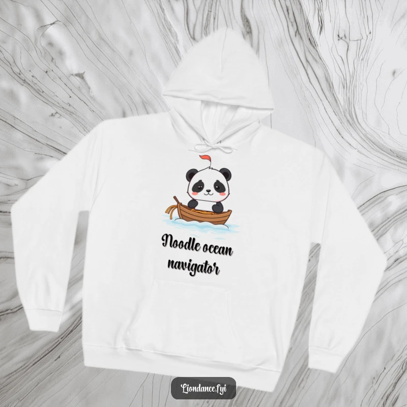 A mischievous panda is depicted sailing a fortune cookie boat on a vast ocean of noodles, on a hoodie.
