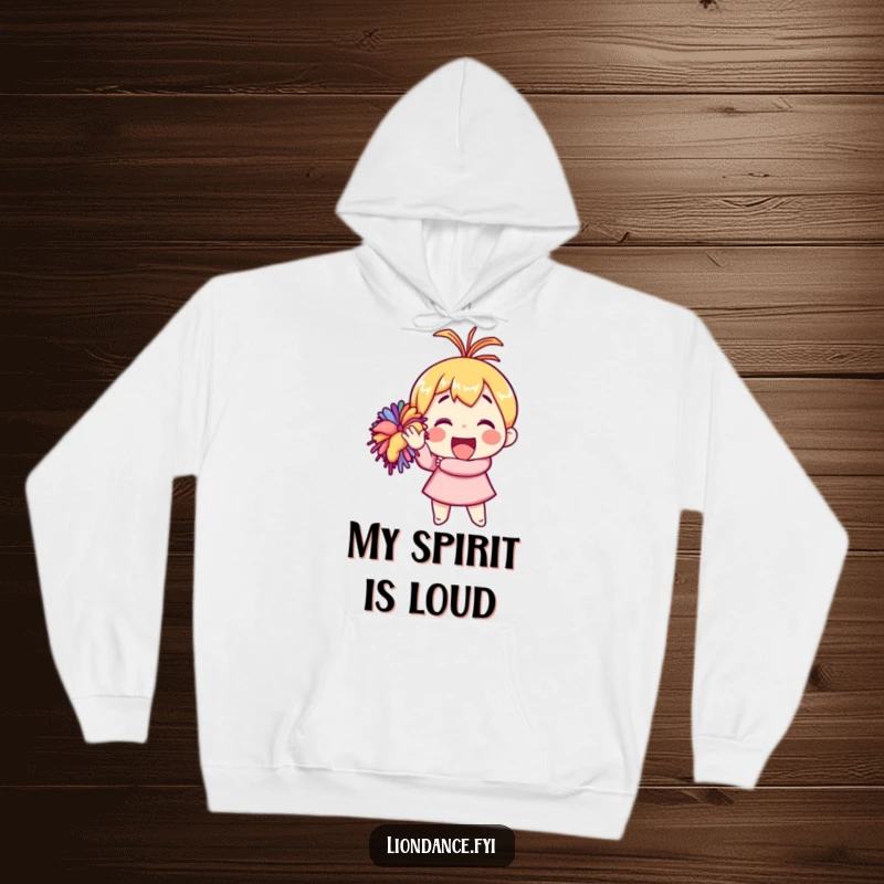 Funny hoodie depicting a character enthusiastically waving a vibrant pom-pom, offering comfort and a dose of cheer.
