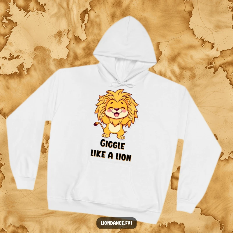 Funny hoodie showcasing a laughing cartoon character striking a power pose within a lion's regal mane, offering warmth and humor.