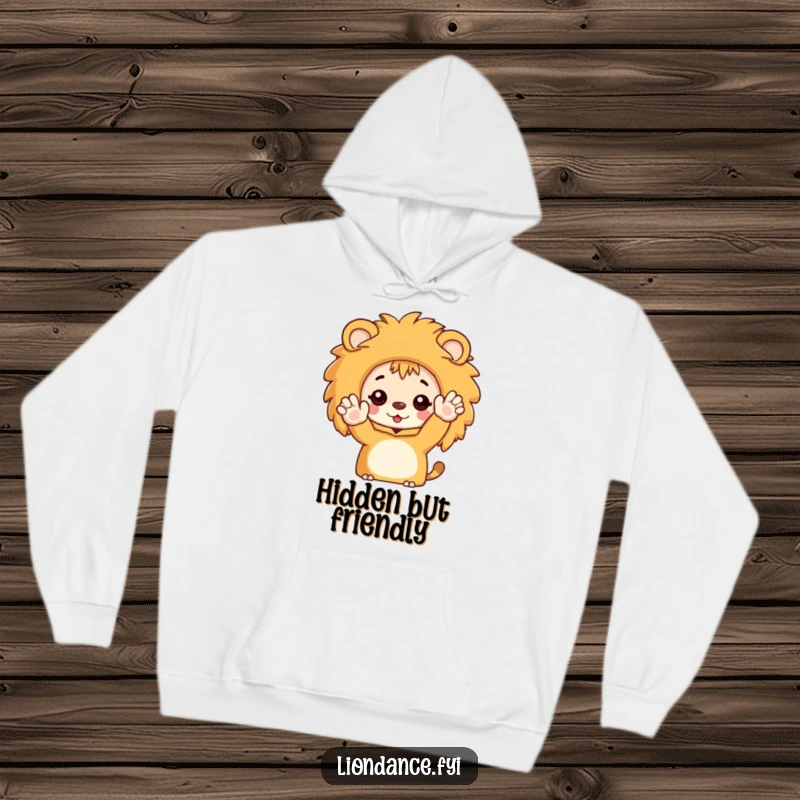 Funny hoodie with a character emerging from a lion costume to wave enthusiastically, radiating warmth and friendliness.