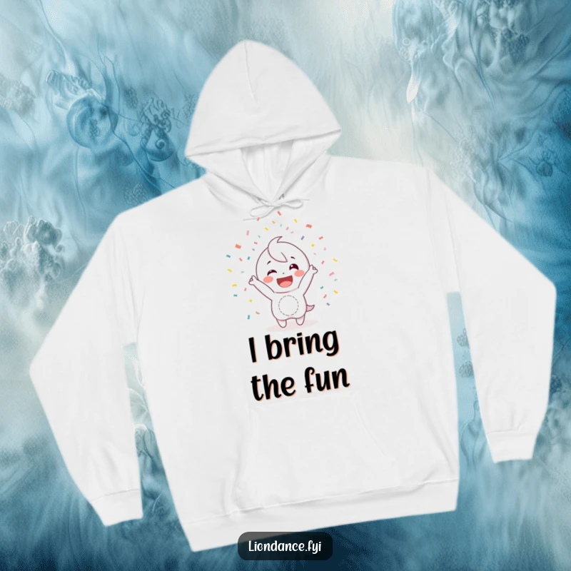 Funny hoodie with a happy character tossing confetti with a wide smile, perfect for cozy days filled with laughter and warmth.