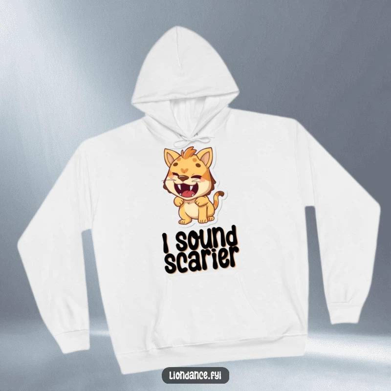 Funny hoodie featuring a small character with a cheeky wink, humorously pretending to roar, combining comfort and fun.