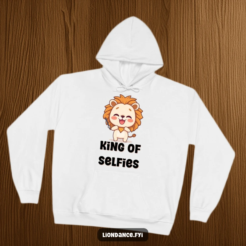 Funny hoodie featuring a joyful character striking a playful pose and holding a prominent lion head prop, offering warmth and humor.